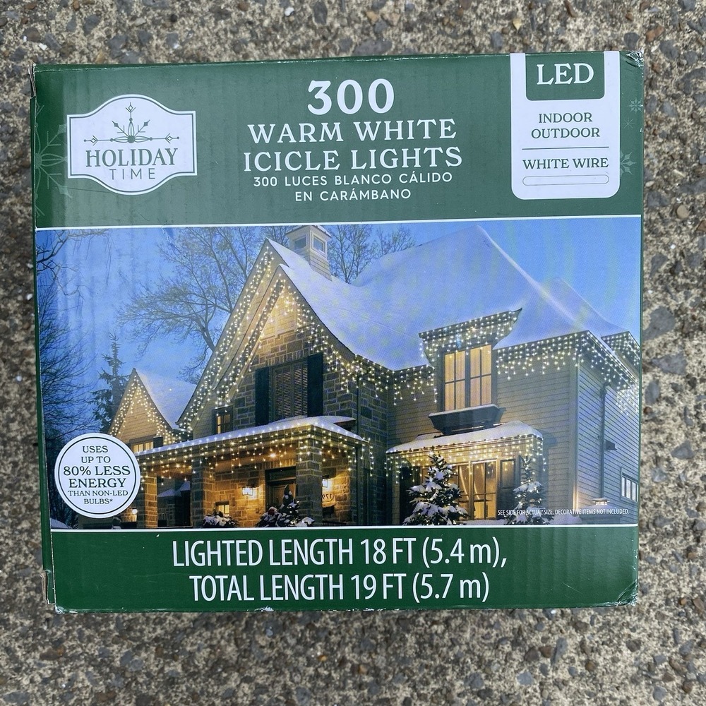 Holiday Time 300-Count Warm White LED Icicle Christmas Lights White Wire 19'